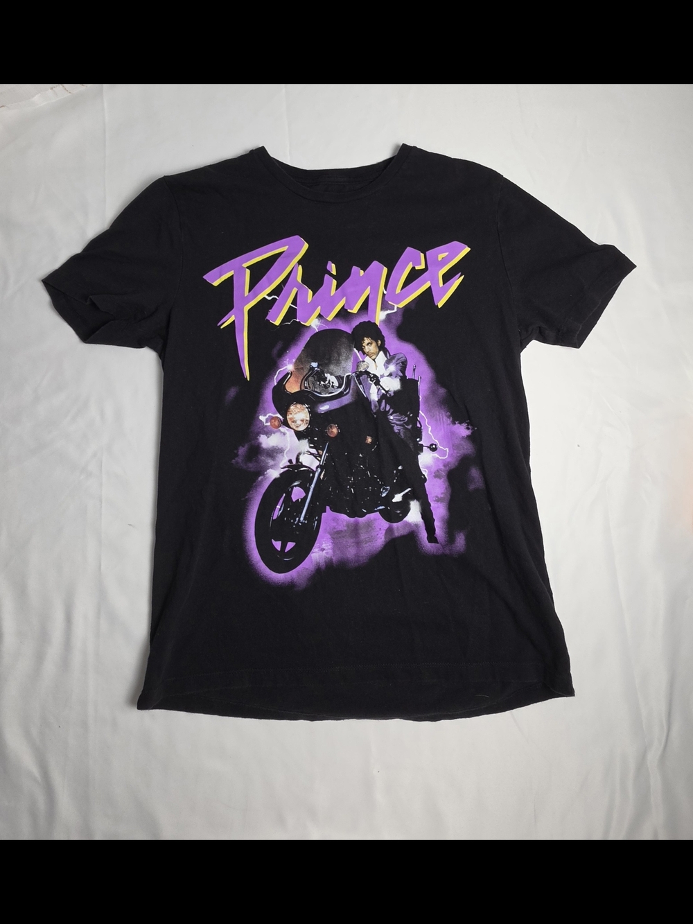 Old Navy Black Graphic Prince Short Sleeve Tee with Purple & Yellow Print XS